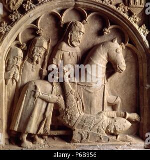 Grab von Peter V von queralt ich Alamanda Rocabertí (XIV Jahrhundert). Detail Ritter zu Pferd. Es ist in der Kirche von Santa María de Bell-Lloc, Santa Coloma de Queralt erhalten. Gothic. Stockfoto