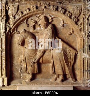 Grab von Peter V von queralt ich Alamanda Rocabertí (XIV Jahrhundert). Detail Ritter zu Pferd. Es ist in der Kirche von Santa María de Bell-Lloc, Santa Coloma de Queralt erhalten. Gothic. Stockfoto