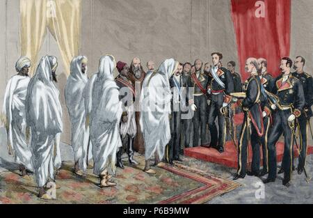 Alphonse XII (1857-1885). König von Spanien. Alphonse XII empfängt die Glückwünsche der marokkanischen Botschaft. Ceuta. März 20, 1877. Kupferstich von Arturo Carretero (1852-1903). Die spanische und amerikanische Illustration, 1877. Gefärbt. Stockfoto