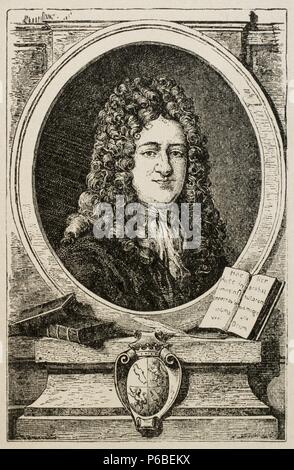 Gottfried Wilhelm Leibniz (1646-1716). Deutsche Mathematiker und Philosoph. Gravur in der allgemeinen Geschichte, M. Verges, 1917. Stockfoto