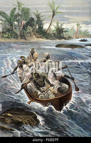 Henry Morton Stanley (1841-1904) Expedition. Der britische Journalist und Entdecker. Stanley übergibt die Stromschnellen des Kongo River. Gravur. 19. Stockfoto