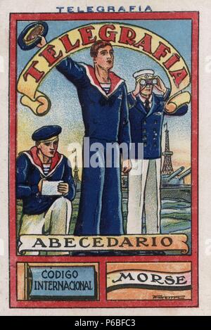 Sistema de señales telegráficas de la Marina de Guerra. Lenguaje Internacional de Banderas y código Morse. Abecedario. Dibujo de Apel · les Mestress. Años 1930. Stockfoto