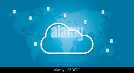 Cloud Storage Symbole auf Weltkarten mit Datenbank Vector Illustration Stock Vektor