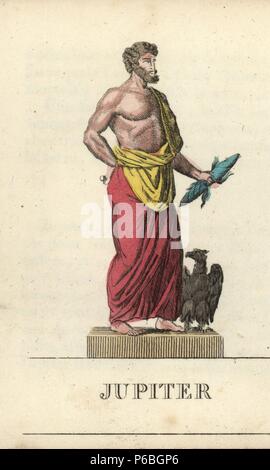 Jupiter, der König der römischen Götter, Gott des Himmels und des Donners, Holding a Thunderbolt, mit einem Adler zu seinen Füßen. Papierkörbe Kupferstich gestochen von Jacques Louis Konstante Lacerf nach Illustrationen von Leonard Defraine aus 'La Mythologie en Estampes' (Mythologie in druckt oder die Zahlen der sagenumwobenen Götter), Chez S. Blanchard, Paris, c 1820. Stockfoto