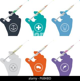 Die Hände der Krankenschwester und die Hände des Arztes sind mit Spritzen injiziert. Die gummihandschuhe Grün, Blau, Orange und Lila injizieren. Stock Vektor