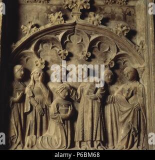 Detail aus Alabaster Altarbild der Hl. Laurentius, eingeweiht im Jahr 1386, machte?? von Bildhauer Jordi de Deu. Kirche Santa Coloma de Queralt. Stockfoto