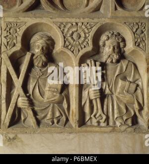 Detail aus Alabaster Altarbild der Hl. Laurentius, eingeweiht im Jahr 1386, machte?? von Bildhauer Jordi de Deu. Kirche Santa Coloma de Queralt. Stockfoto