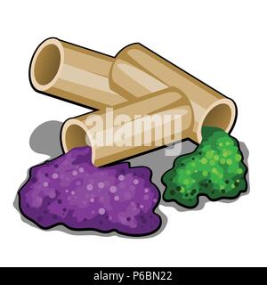 Der Prozess der Herstellung der Weihnachten Feuerwerk. Das Befüllen der Patrone mit einem farbigen Pulver. Vector Illustration. Stock Vektor