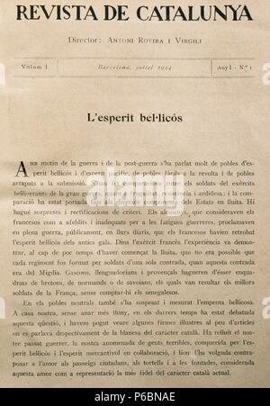 Revista de Catalunya. Journal von Katalonien (Spanien). In Katalanisch veröffentlicht. In Barcelona,  1924 von Antonio ROVIRA I VIRGILI während der Diktatur von Primo de Rivera als Verteidigung der Katalanischen Kultur gegründet. Nummer 1. Jahr 1. Barcelona,  Juni 1924. Erste Seite. Stockfoto