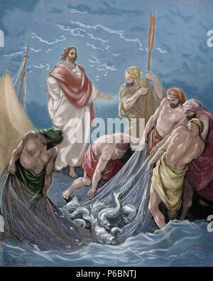 Neuen Testaments. Lukas-Evangelium. Kapitel V. Jesus. Wunderbare Fischerei. Gustave Dore Zeichnung. Kupferstich von Pannemaker. Farbige. Stockfoto