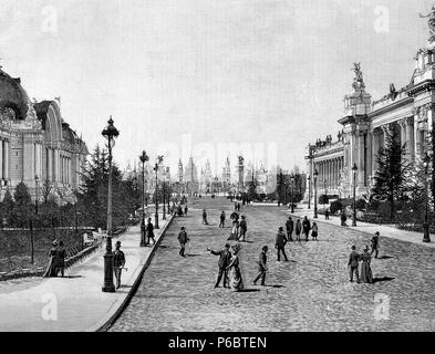 HISTORIA DE FRANCIA. EXPOSICION UNIVERSAL DE PARIS 1889. AVENIDA DE NICOLAS II, PUENTE DE ALEJANDRO III Y EXPLANADA DE LOS INVALIDOS. GRABADO DE L¿ILLUATRATION. Stockfoto