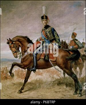 ALFONSO XIII. REY DE ESPAÑA. 1886/ 1941 MADRID. "ALFONSO XIII CON UNIFORME DE HUSAR". OLEO DE RETRATO ECUESTRE SCOTTE. 1923. PALACIO REAL. MADRID/Patrimonio Nacional. Stockfoto