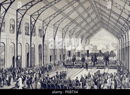 FERROCARRILES. ESPAÑA. INAGURACION DE LA ESTACION DEL FERROCARRIL DE MADRID EINE CIUDAD REAL Y BADAJOZ. DIBUJO DE J. COMBA, AÑO 1880. GRABADP. ILUSTRACION ESPAÑOLA Y AMERICANA. Stockfoto