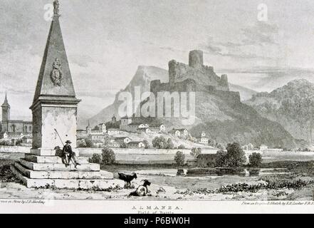 ALBACETE. ALMANSA. VISTA Y CASTILLO DE ALMANSA. DIBUJO DE EDWARD HAWKE SCHLIESSFACH. LONDRES 1824. Stockfoto