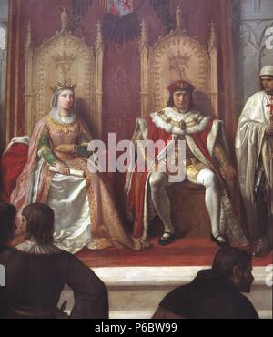 REYES CATOLICOS. FERNANDO II. von Aragon, Isabel I DE CASTILLA. 'LOS RR.CC. ADMINISTRANDO "JUSTICIA" (LAS MEJORES). OLEO DE VICTOR MANZANO, AÑO 1860. PALACIO REAL. MADRID PATRIMONIO NACIOINAL. Stockfoto