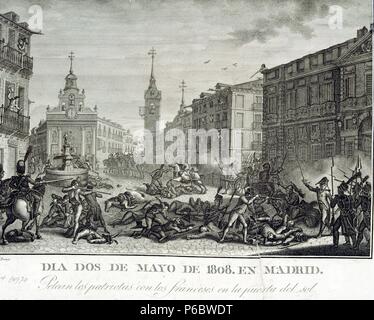 GUERRA DE LA INDEPENDENCIA. ESPAÑA 1808-1814. REINADO DE FERNANDO VII. "DIA DOS DE MAYO DE 1808 EN MADRID. LUCHA EN LA PUERTA DEL SOL". GRABADO DEL SIGLO XIX. BIBLIOTECA NACIONAL. MADRID. Stockfoto