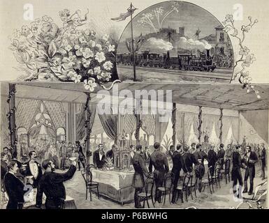 FERROCARRILES. ESPAÑA. INAGURACION DEL FERROCARRIL A LA CORUÑA. EL TREN REAL DE LA ESTACION DE MONFORTE, AÑO 1883. GRABADO. ILUSTRACION ESPAÑOLA Y AMERICANA. Stockfoto