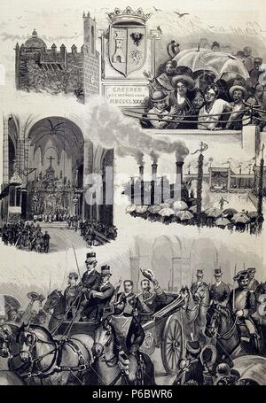 FERROCARRILES. ESPAÑA. INAGURACION DEL FERROCARRIL DE MADRID A LA FRONTERA PORTUGUESA. DIBUJO DE J. COMBA, AÑO 1881. ILUSTRACION GRABADO DE LA ESPAÑOLA Y AMERICANA. Stockfoto