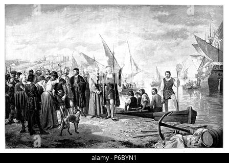 Christopher Columbus geht am 3. August 1492 im Hafen von Palos an Bord seines Schiffes. Nach einem Gemälde von Ricardo Balaca im La Plata Museum, 1902 Stockfoto
