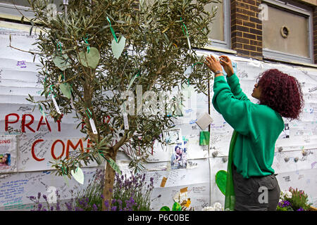 Der erste Jahrestag des 24-stöckigen Hochhauses Grenfell von Sozialwohnungen wohnungen Feuer, das 72 Menschenleben gefordert. Junge Frau hängen Nachrichten/Gebete für einen Olivenbaum, South Kensington, London, UK, 14. Juni 2018. Stockfoto