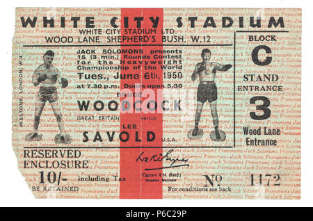 Boxing, Ticket für Heavyweight Championship der Welt, Bruce Woodcock vs Lee Savold, White City Stadium, London, Großbritannien 1950 Stockfoto