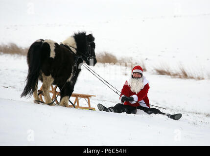 Oberoderwitz, verkleidet als Weihnachtsmann, fiel ihr Pony Schlitten Stockfoto