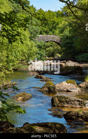 Hexworthy Dartmoor Devon England Juni 24, 2018 steinerne Brücke über dem Westen Dart River bei Hexworthy Stockfoto