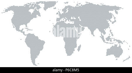 Karte der Welt aus grauen Punkten. Gepunktete Silhouette, Gliederung und die Oberfläche der Erde unter Robinson Projektion. Punkte in einer Reihe. Abbildung. Stockfoto