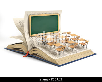 Buch und ein Klassenzimmer mit Tafel und Schulbänke auf weißem Hintergrund öffnen. Bildung Konzept. 3D-Darstellung Stockfoto