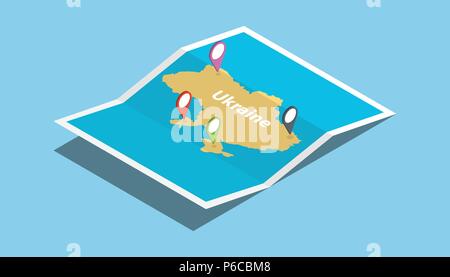 Ukraine Karten Land nation mit isometrischem Stil und Stift Location tag auf Vector Illustration erkunden Stock Vektor