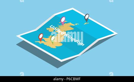 Uk Vereinigtes Königreich Karten Land nation mit isometrischem Stil und Stift Location tag auf Vector Illustration erkunden Stock Vektor