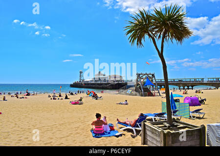 Warme sonnige Wetter und die Palmen geben diesem Strand Szene ein tropisches Ambiente als Menschen den Strand geniessen neben Bournemouth Pier im Sommer Stockfoto