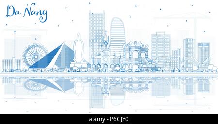 Umrisse Da Nang Vietnam Skyline der Stadt mit blauen Gebäude und Reflexionen. Vector Illustration. Business Travel und Tourismus Konzept Stock Vektor