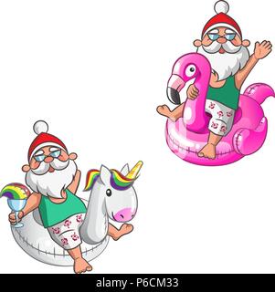 Weihnachtsmänner mit Unicorn und Flamingo schwimmen Ringe im Sommerurlaub Stock Vektor