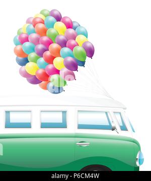 Sommer Hintergrund - Grün Reisemobile Auto mit vielen bunten Luftballons Stock Vektor