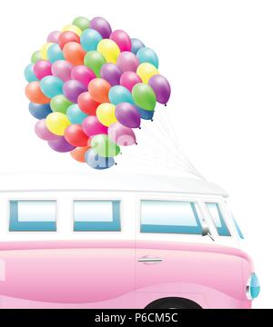 Sommer Hintergrund - Rosa camper Auto mit vielen bunten Luftballons Stock Vektor