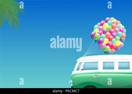 Sommer Hintergrund - grün Mini van Palmen und Bündel von bunten Luftballons Stock Vektor