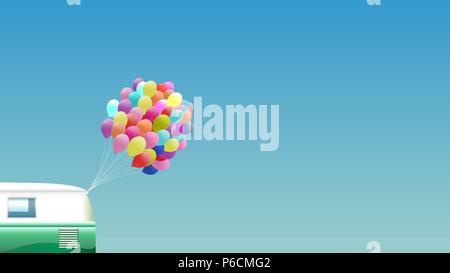 Sommer Hintergrund - Retro Van mit Bündel von bunten Luftballons - 16:9 Format Stock Vektor