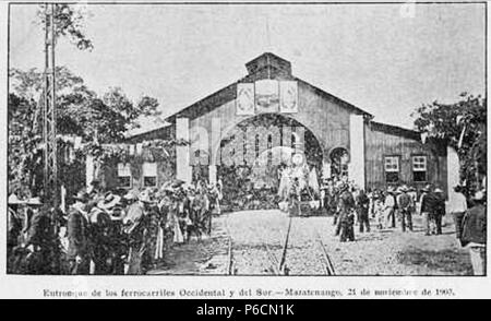 Español: Entronque de los Ferrocarriles de Occidente y del Pacífico en Mazatenango. Revista guatemalteca 'La Locomotora", 1906. 1906 59 LaLocomotora 15 Jun 1906, 08. Stockfoto