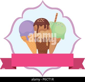 Eis Emblem mit arabischen Rahmen und Zierband mit weißem Hintergrund, Vector Illustration Stock Vektor