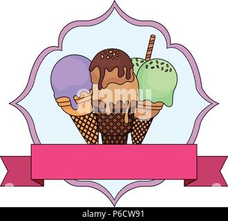 Eis Emblem mit arabischen Rahmen und Zierband mit weißem Hintergrund, Vector Illustration Stock Vektor