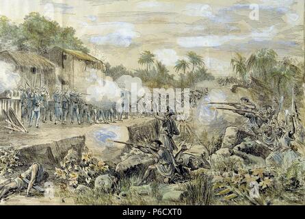 GUERRA DE FILIPINAS. 24 - 6 - 1894. REINADO DE Alfonso XIII. BATALLA DE MINDANAO. ATAQUE DEL REDUCTO DE ILLAMA POR LOS MOROS EN EL AÑO 1984. GRABADO DE LA ILUSTRACION IBERICA. Stockfoto