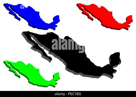 3D-Karte von Mexiko (Vereinigte mexikanische Staaten) - Schwarz, Blau und Grün - Vector Illustration Stock Vektor