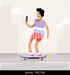 Junger Mann, elektrische Skateboard in der Stadt. Vector Illustration Stock Vektor