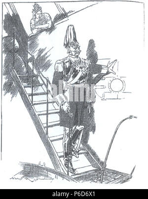 Englisch: Eine Karikatur als Prophezeiung (Drop der Pilot) aus der Daily Herald, Dyson, Wilhelm II. von Deutschland und Germania als Symbol für Deutschland. Es ist ein Verweis auf die berühmte cartoon Fallenlassen der Pilot von Johannes Teniel. English: Sterben 1900 - Prophezeiung (Drop der Pilot) (Übersetzung: Prophezeiung den Lotsen rausschmeißen) aus dem Daily Herald von Wird Dyson, die Kaiser Wilhelm II. und die Germania als Sinnbild Deutschlands zeigt. Sie ist eine Referenz auf die bekannte Fabeln Ablegen der Pilot (Der Lotse geht von Bord) von John Teniel. 10 Oktober 1914 70 Prophezeiung (Drop Stockfoto