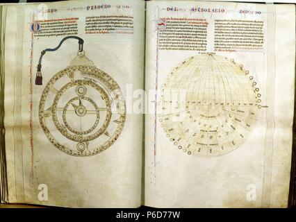 CODICES. LIBRO DEL SABER DE ASTROLOGIA. ASTROLABIO LLANO (ILUSTRACION). SCRIPTORIUM REGIO DE Alfonso X el Sabio, AÑO 1296. UNIVERSIDAD COMPLUTENSE. MADRID. Stockfoto