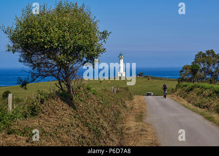 Leuchtturm umgeben von Kühen in Lastre, erklärte das schönste Dorf in Spanien, Asturien Stockfoto