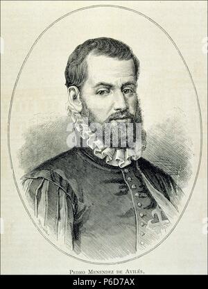 MENENDEZ AVILES, PEDRO. MARINO ESPAÑOL. AVILES 1519 - 1574. GRABADO ILUSTRACION RETRATO DE LA ESPAÑOLA Y AMERICANA. Stockfoto