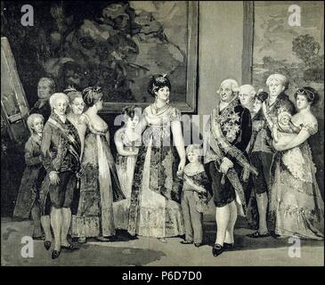 CARLOS IV. REY DE ESPAÑA. 1748 - 1819. 'LA FAMILIA DE CARLOS IV", GRABADO DE UN CUADRO DE FRANCISCO DE GOYA EN LA ILUSTRACION ESPAÑOLA Y AMERICANA. AÑO 1891. Stockfoto