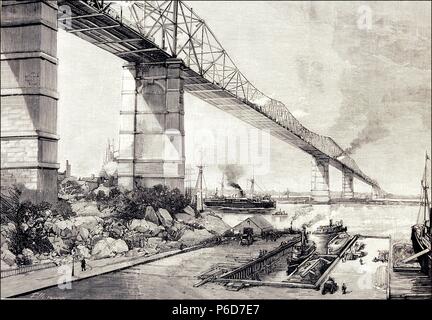 FERROCARRILES. ESTADOS UNIDOS. NUEVA YORK. EL NUEVO PUENTE SOBRE EL'East River' DE 17000 PIES DE LARGO. ILUSTRACION GRABADO DE LA ESPAÑOLA Y AMERICANA. Stockfoto